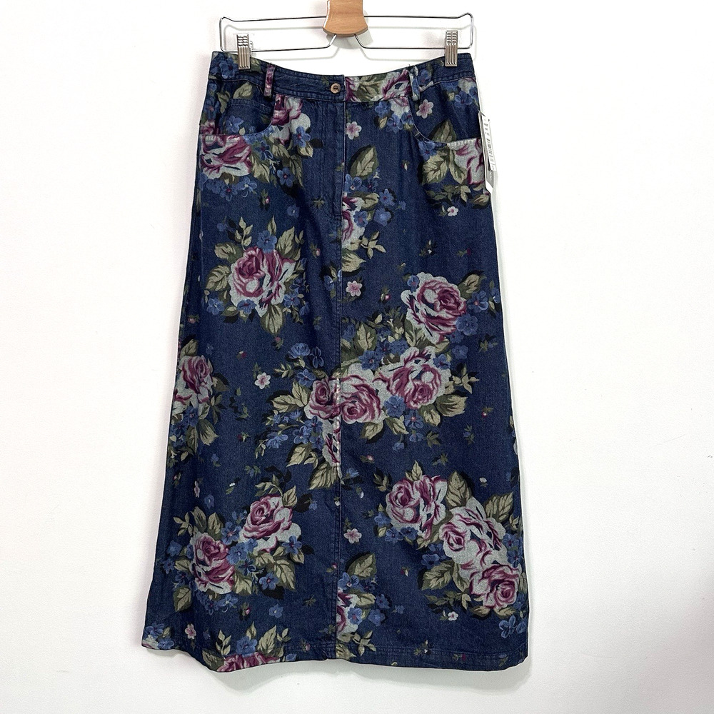 VTG Sharon Anthony Denim Skirt S Roses‎ Tencel Floral Boho Party Belt Loops NEW